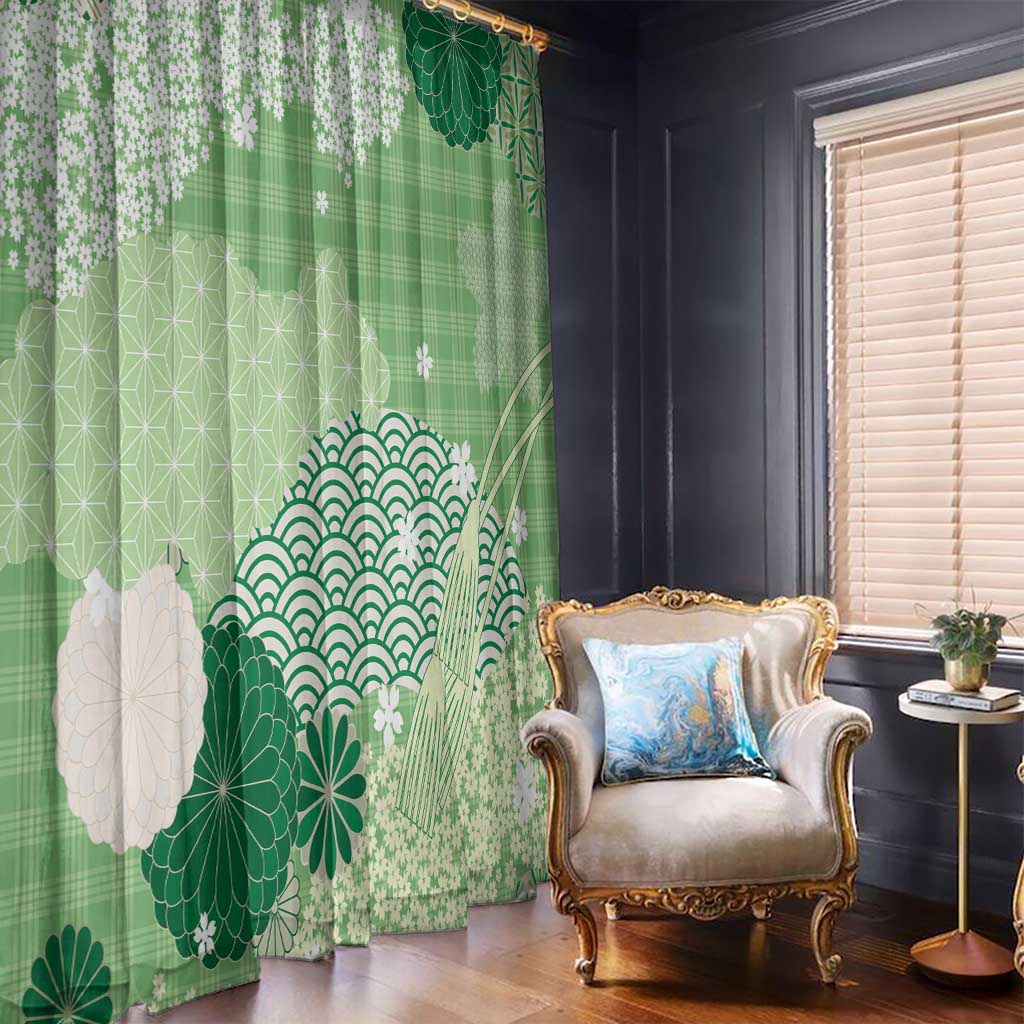 Green Palaka Japanese Patterns Window Curtain Asanoha Seigaiha Sakura Motif LT14 - Polynesian Pride