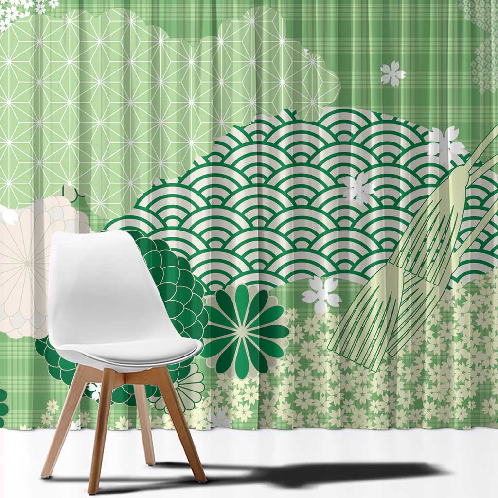 Green Palaka Japanese Patterns Window Curtain Asanoha Seigaiha Sakura Motif LT14 - Polynesian Pride
