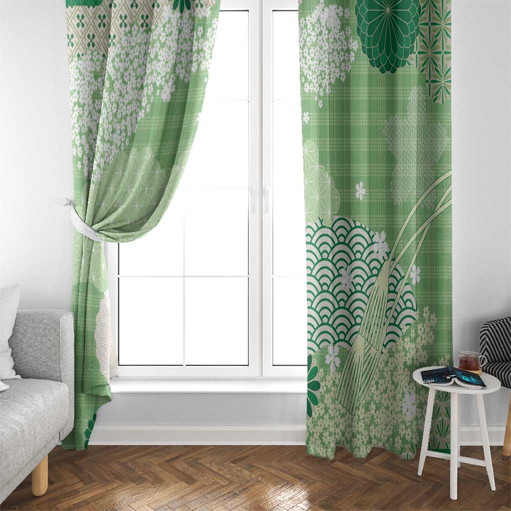 Green Palaka Japanese Patterns Window Curtain Asanoha Seigaiha Sakura Motif LT14 - Polynesian Pride