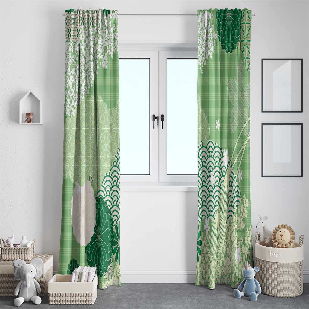 Green Palaka Japanese Patterns Window Curtain Asanoha Seigaiha Sakura Motif LT14 - Polynesian Pride