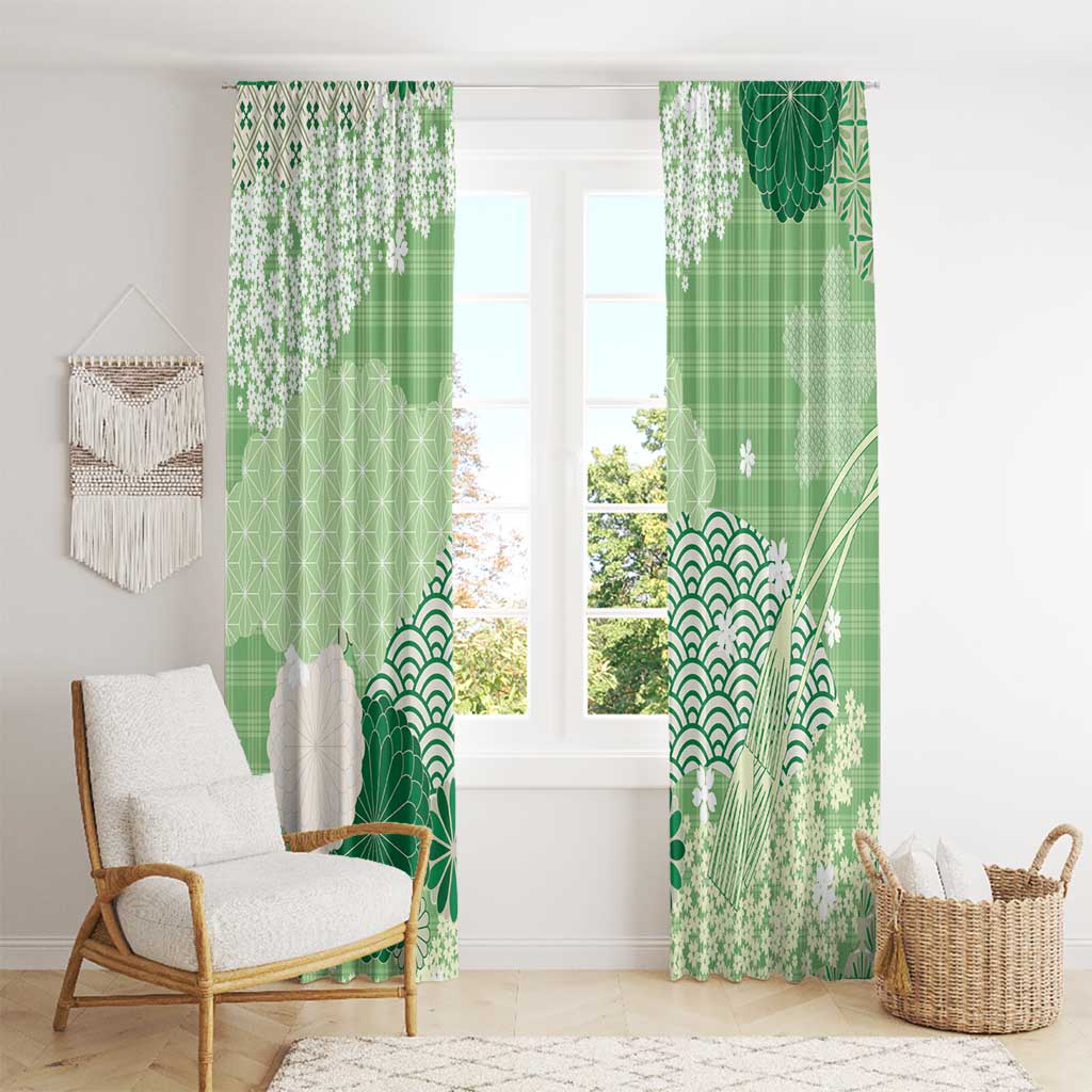 Green Palaka Japanese Patterns Window Curtain Asanoha Seigaiha Sakura Motif LT14 - Polynesian Pride