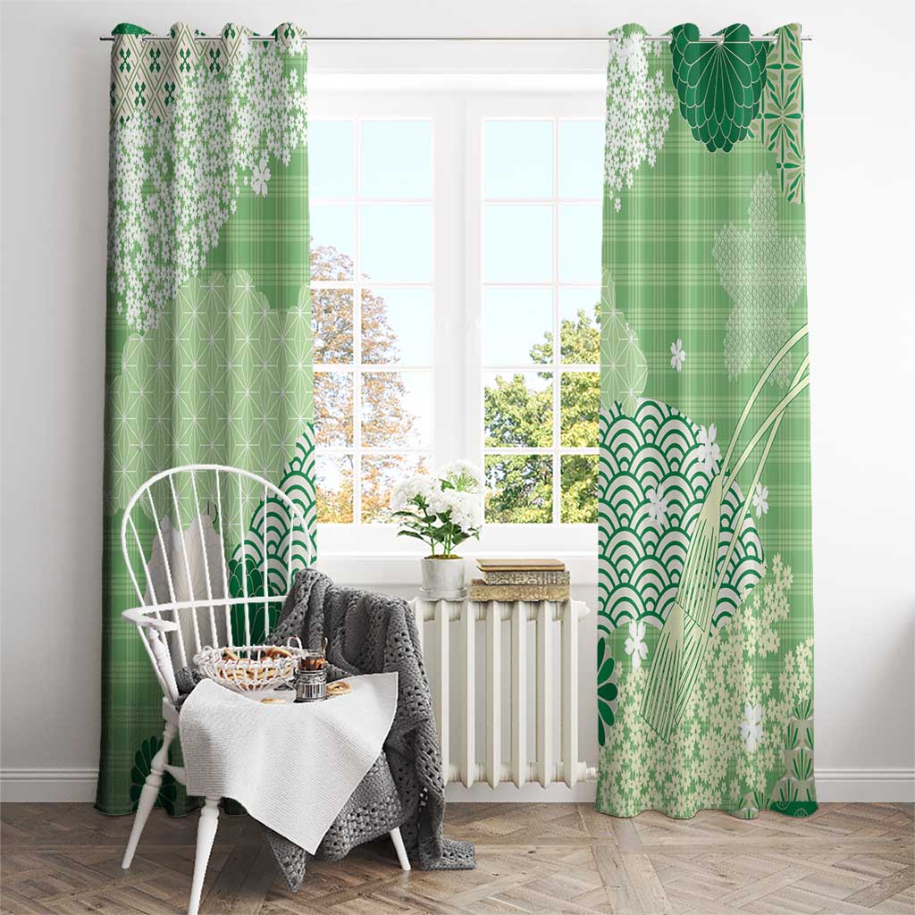 Green Palaka Japanese Patterns Window Curtain Asanoha Seigaiha Sakura Motif LT14 - Polynesian Pride