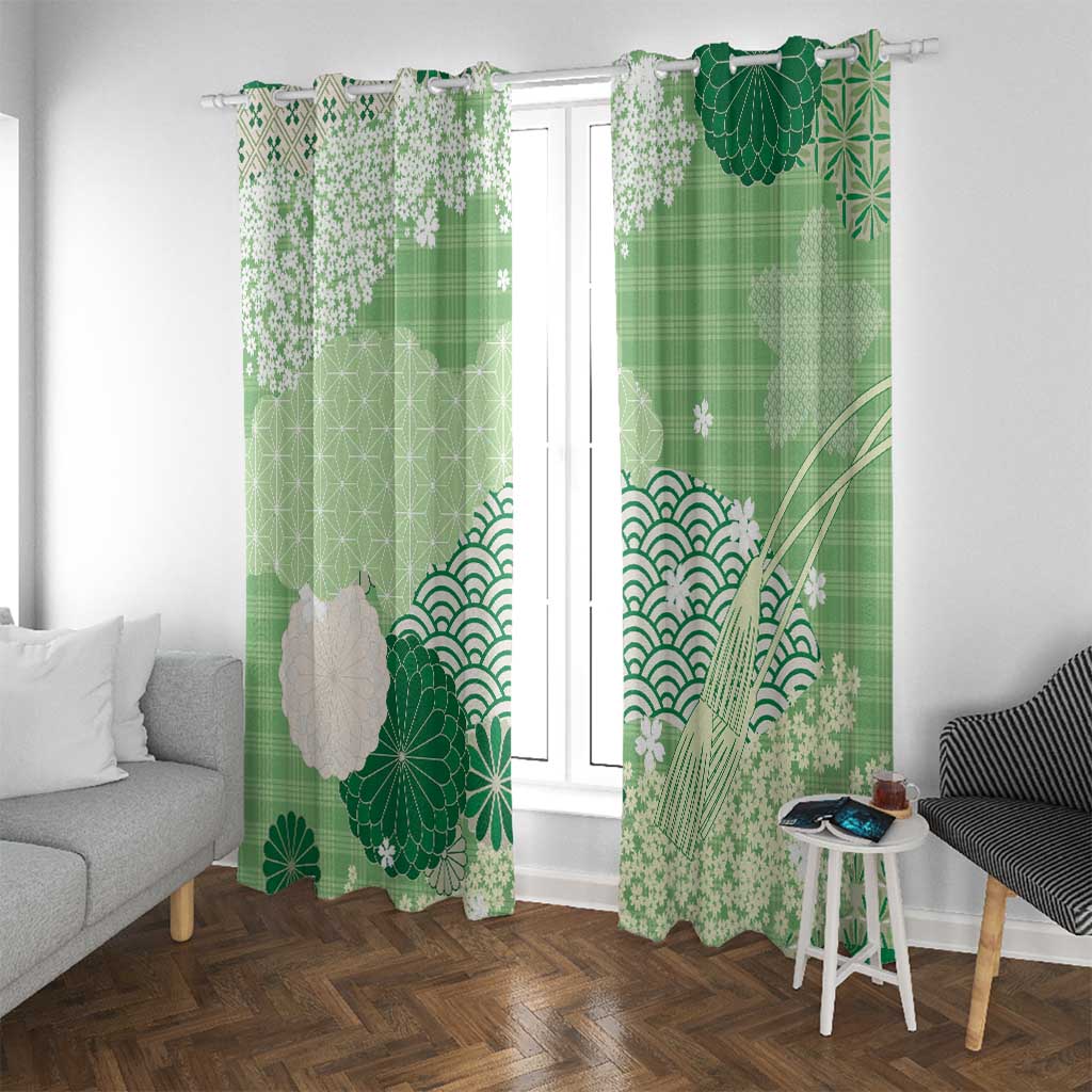 Green Palaka Japanese Patterns Window Curtain Asanoha Seigaiha Sakura Motif LT14 With Grommets Green - Polynesian Pride