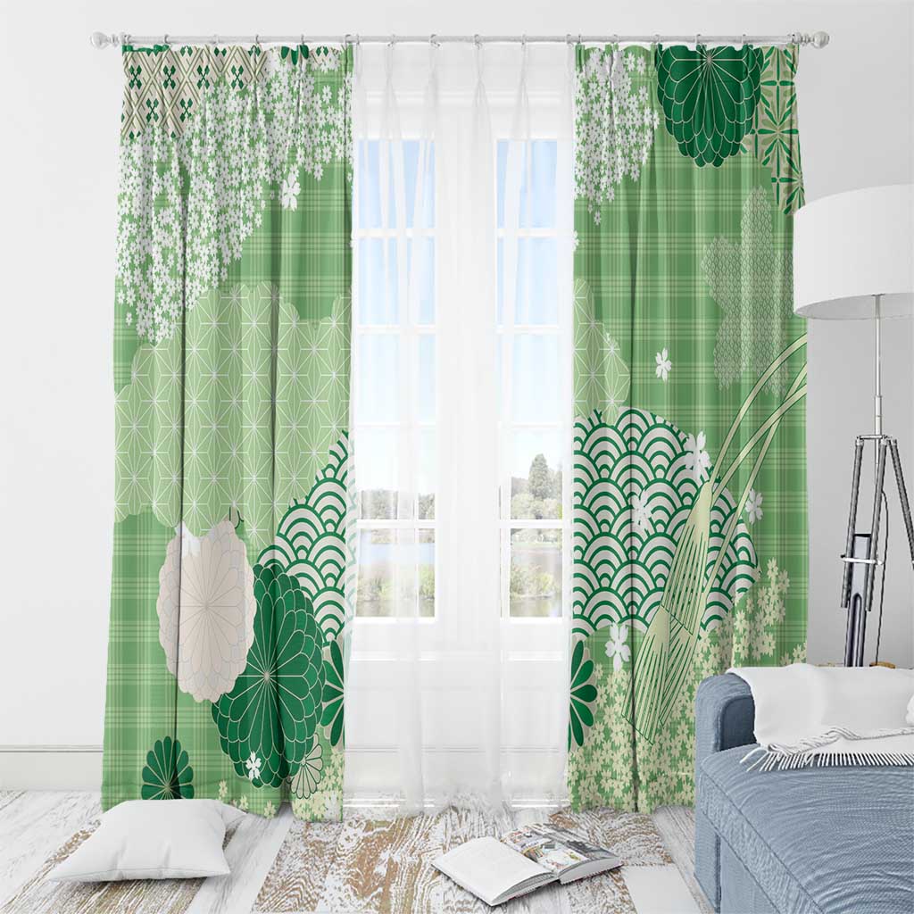 Green Palaka Japanese Patterns Window Curtain Asanoha Seigaiha Sakura Motif LT14 - Polynesian Pride