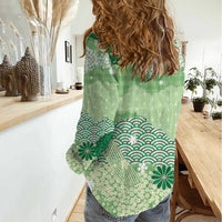 Green Palaka Japanese Patterns Women Casual Shirt Asanoha Seigaiha Sakura Motif - Polynesian Pride