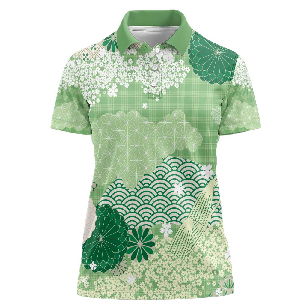 Green Palaka Japanese Patterns Women Polo Shirt Asanoha Seigaiha Sakura Motif - Polynesian Pride