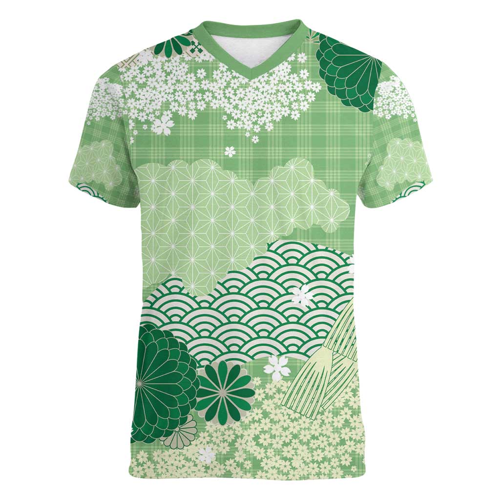Green Palaka Japanese Patterns Women V-Neck T-Shirt Asanoha Seigaiha Sakura Motif - Polynesian Pride