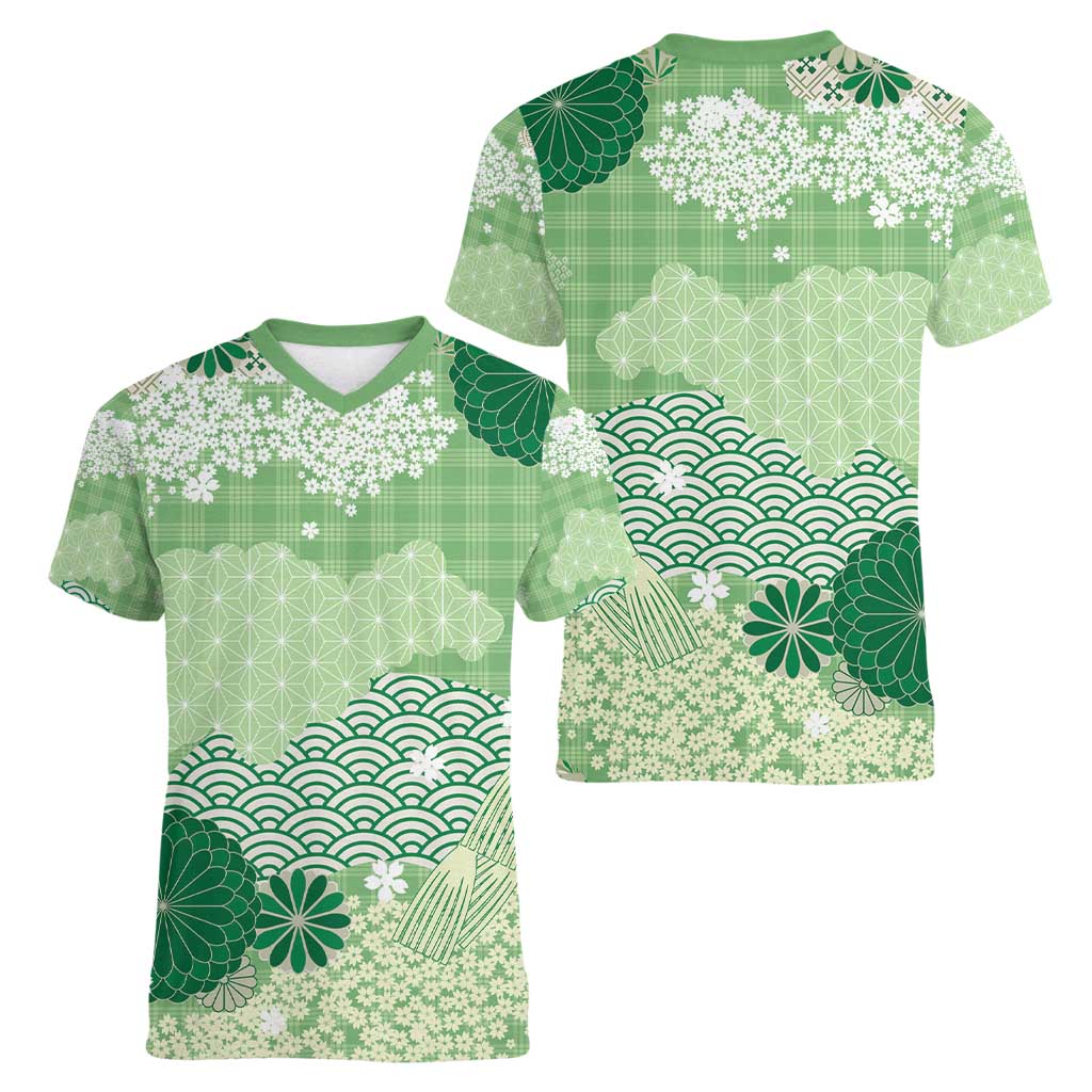 Green Palaka Japanese Patterns Women V-Neck T-Shirt Asanoha Seigaiha Sakura Motif - Polynesian Pride