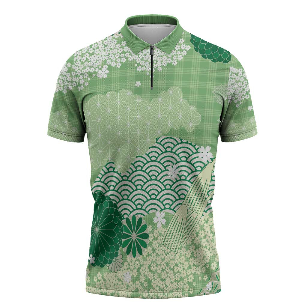 Green Palaka Japanese Patterns Zipper Polo Shirt Asanoha Seigaiha Sakura Motif - Polynesian Pride