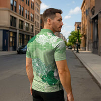 Green Palaka Japanese Patterns Zipper Polo Shirt Asanoha Seigaiha Sakura Motif - Polynesian Pride