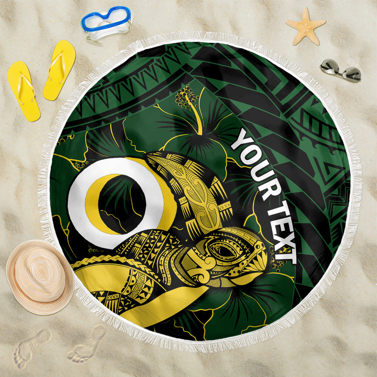 Personalised Solomon Islands Western Province Day Beach Blanket Sea Turtle Mix Polynesian Hibiscus Pattern LT14 One Size 150cm Green - Polynesian Pride
