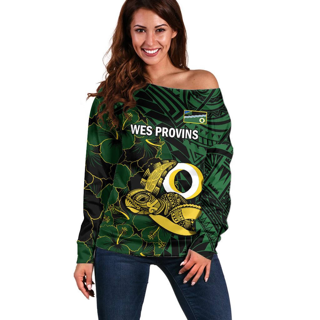 Personalised Solomon Islands Western Province Day Off Shoulder Sweater Sea Turtle Mix Polynesian Hibiscus Pattern LT14 Women Green - Polynesian Pride