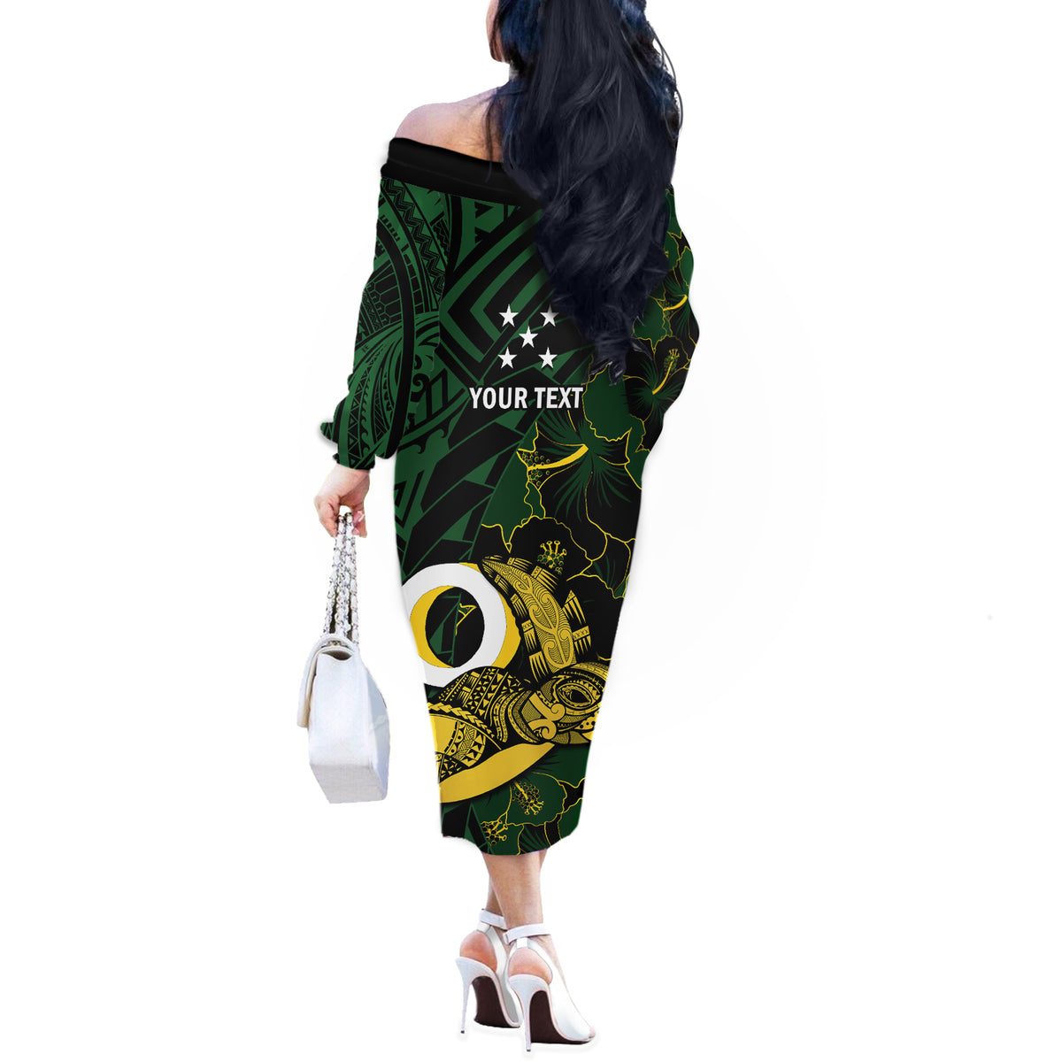 Personalised Solomon Islands Western Province Day Off The Shoulder Long Sleeve Dress Sea Turtle Mix Polynesian Hibiscus Pattern LT14 - Polynesian Pride