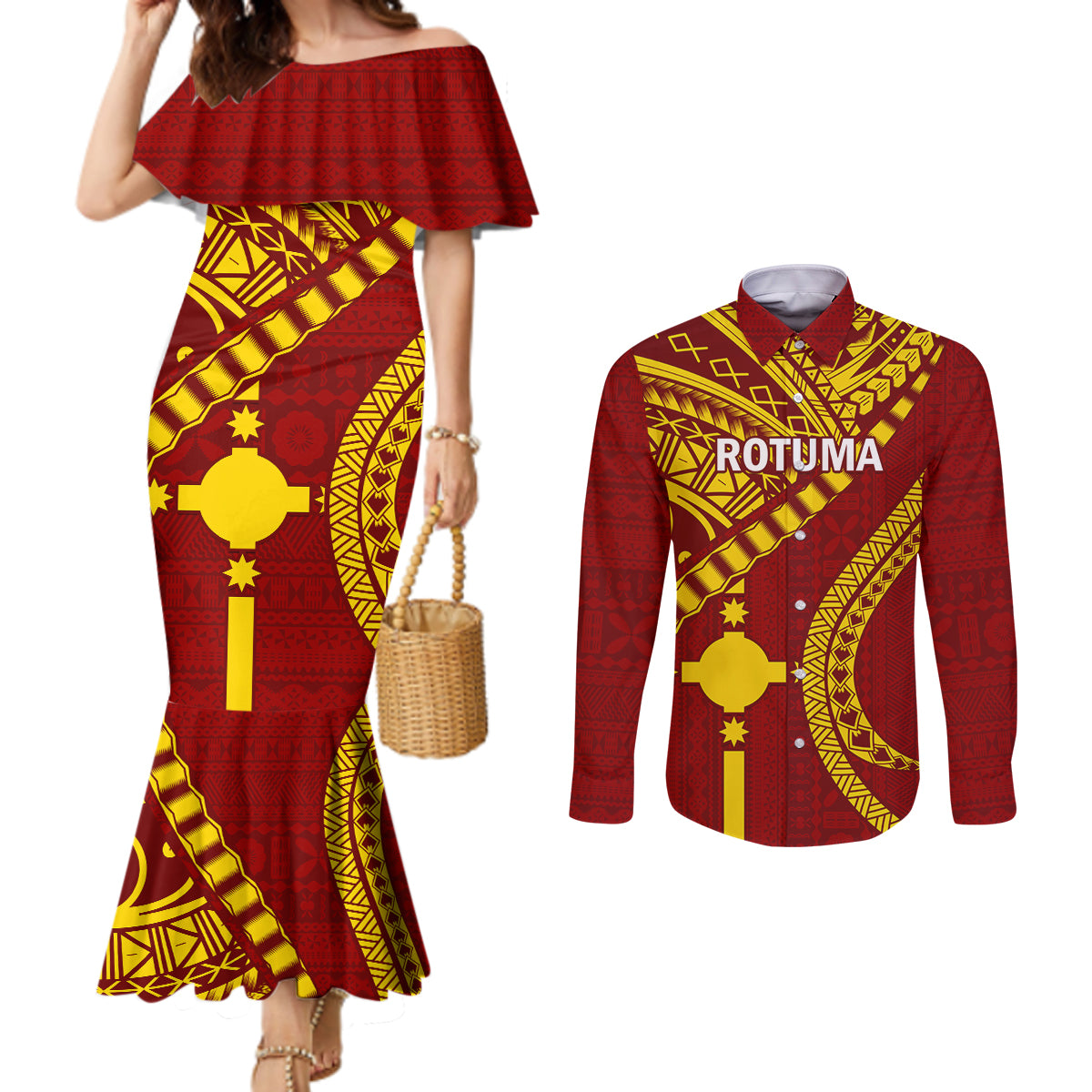 Personalised Fiji Rotuma Couples Matching Mermaid Dress and Long Sleeve Button Shirt Fijian Tapa Pattern LT14 Maroon - Polynesian Pride