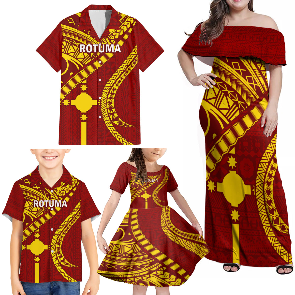 Personalised Fiji Rotuma Family Matching Off Shoulder Maxi Dress and Hawaiian Shirt Fijian Tapa Pattern LT14 - Polynesian Pride