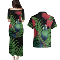 New Zealand Tui Bird Christmas Couples Matching Puletasi and Hawaiian Shirt Maori Fern Mix Pohotukawa