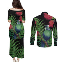 New Zealand Tui Bird Christmas Couples Matching Puletasi and Long Sleeve Button Shirt Maori Fern Mix Pohotukawa