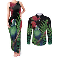 New Zealand Tui Bird Christmas Couples Matching Tank Maxi Dress and Long Sleeve Button Shirt Maori Fern Mix Pohotukawa