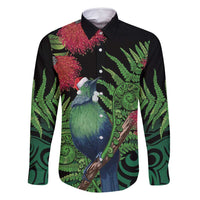 New Zealand Tui Bird Christmas Family Matching Mermaid Dress and Hawaiian Shirt Maori Fern Mix Pohotukawa LT14 Dad's Shirt - Long Sleeve Black - Polynesian Pride