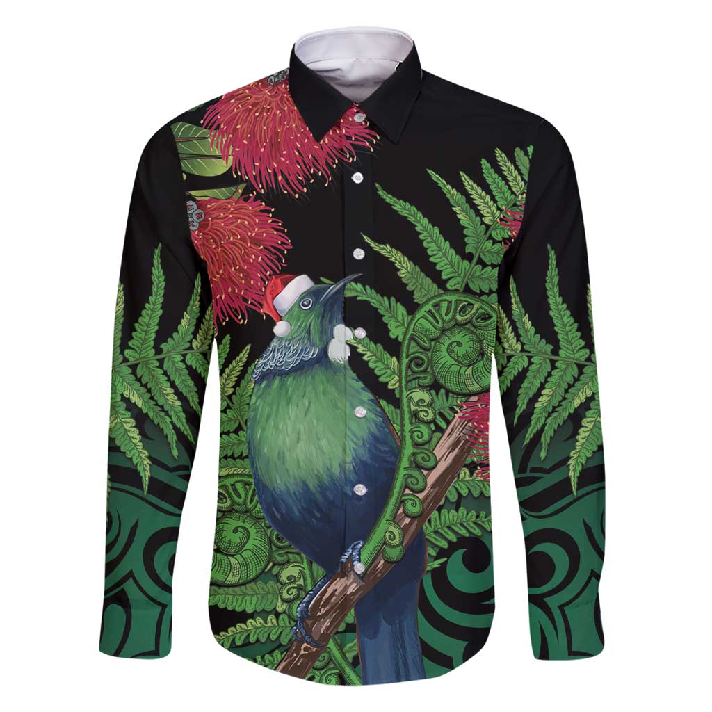 New Zealand Tui Bird Christmas Family Matching Off Shoulder Maxi Dress and Hawaiian Shirt Maori Fern Mix Pohotukawa LT14 Dad's Shirt - Long Sleeve Black - Polynesian Pride