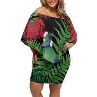 New Zealand Tui Bird Christmas Family Matching Off Shoulder Short Dress and Hawaiian Shirt Maori Fern Mix Pohotukawa