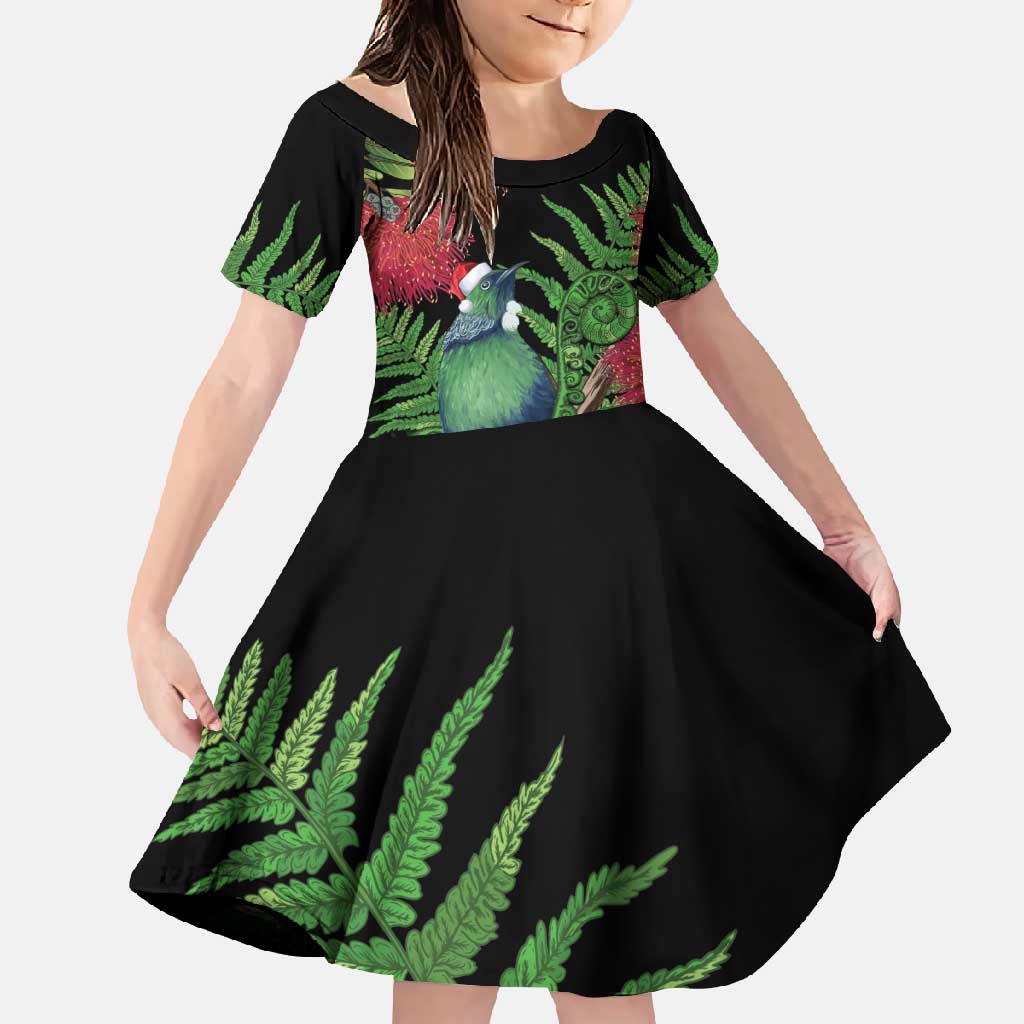 New Zealand Tui Bird Christmas Family Matching Short Sleeve Bodycon Dress and Hawaiian Shirt Maori Fern Mix Pohotukawa LT14 Daughter's Dress Black - Polynesian Pride