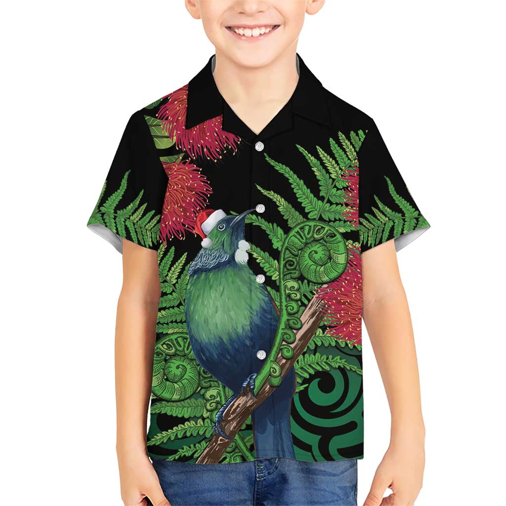 New Zealand Tui Bird Christmas Family Matching Short Sleeve Bodycon Dress and Hawaiian Shirt Maori Fern Mix Pohotukawa LT14 Son's Shirt Black - Polynesian Pride