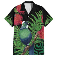 New Zealand Tui Bird Christmas Family Matching Summer Maxi Dress and Hawaiian Shirt Maori Fern Mix Pohotukawa LT14 Dad's Shirt - Short Sleeve Black - Polynesian Pride