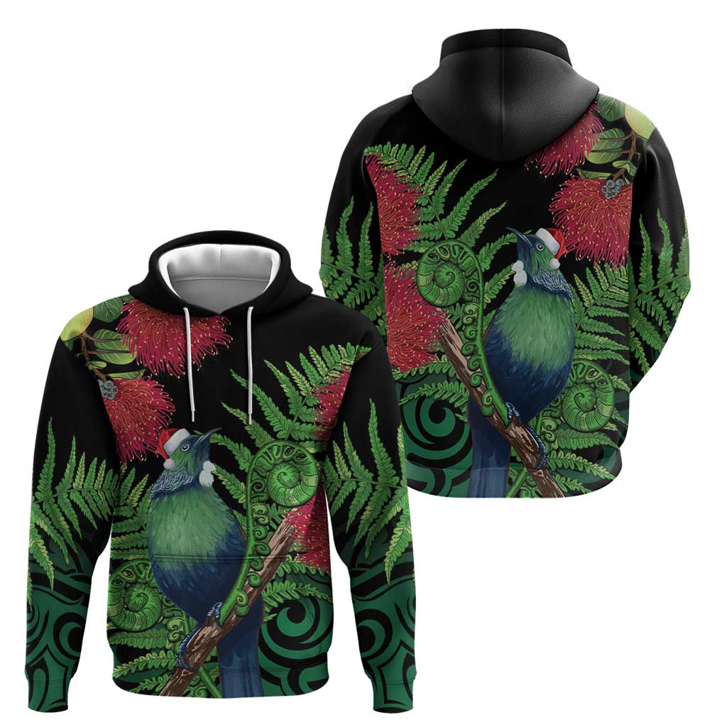 New Zealand Tui Bird Christmas Hoodie Maori Fern Mix Pohotukawa