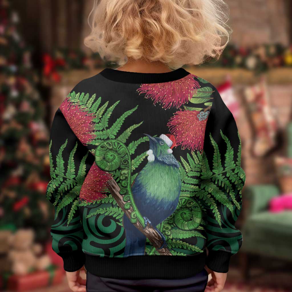 New Zealand Tui Bird Christmas Kid Ugly Christmas Sweater Maori Fern Mix Pohotukawa LT14 - Polynesian Pride