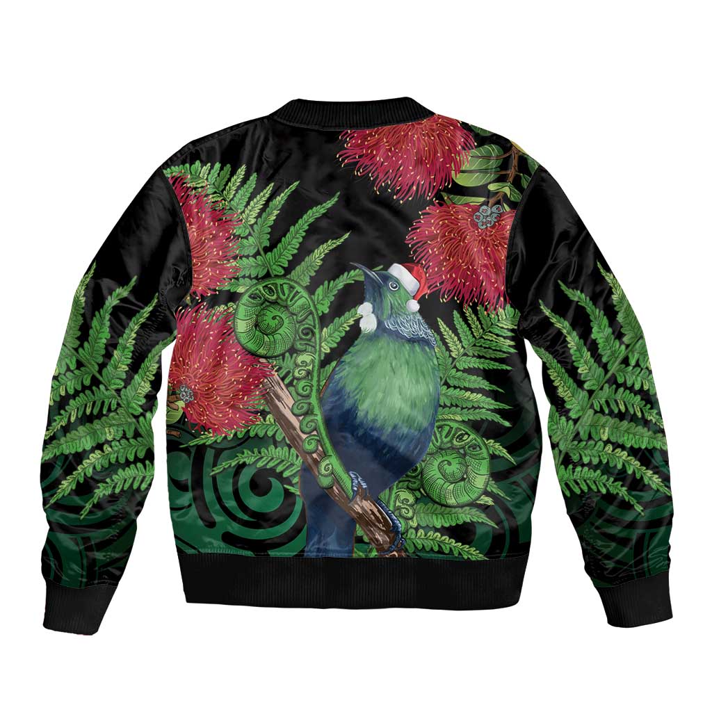 New Zealand Tui Bird Christmas Sleeve Zip Bomber Jacket Maori Fern Mix Pohotukawa LT14 - Polynesian Pride