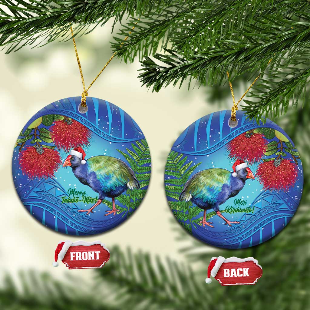 New Zealand Takahe Christmas Ceramic Ornament Maori Fern Mix Pohotukawa LT14 Circle Blue - Polynesian Pride