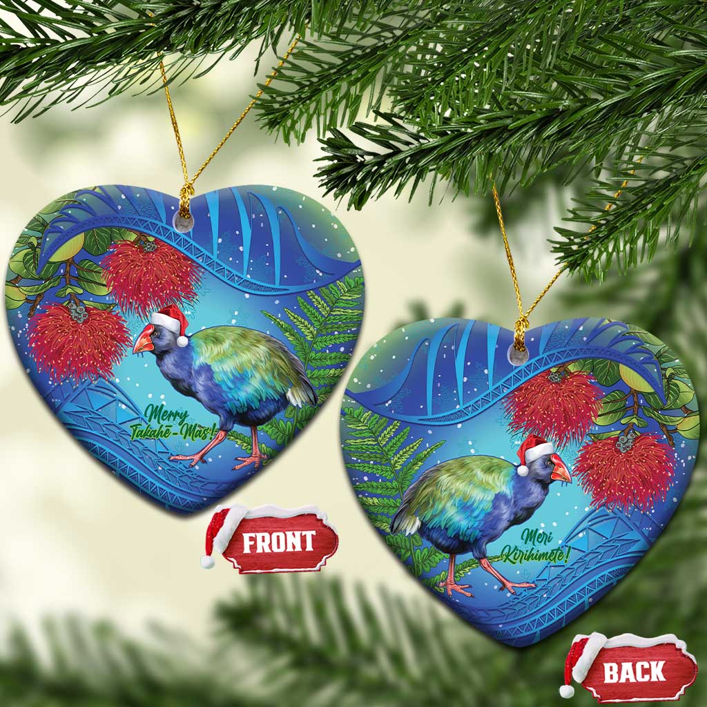 New Zealand Takahe Christmas Ceramic Ornament Maori Fern Mix Pohotukawa LT14 Heart Blue - Polynesian Pride