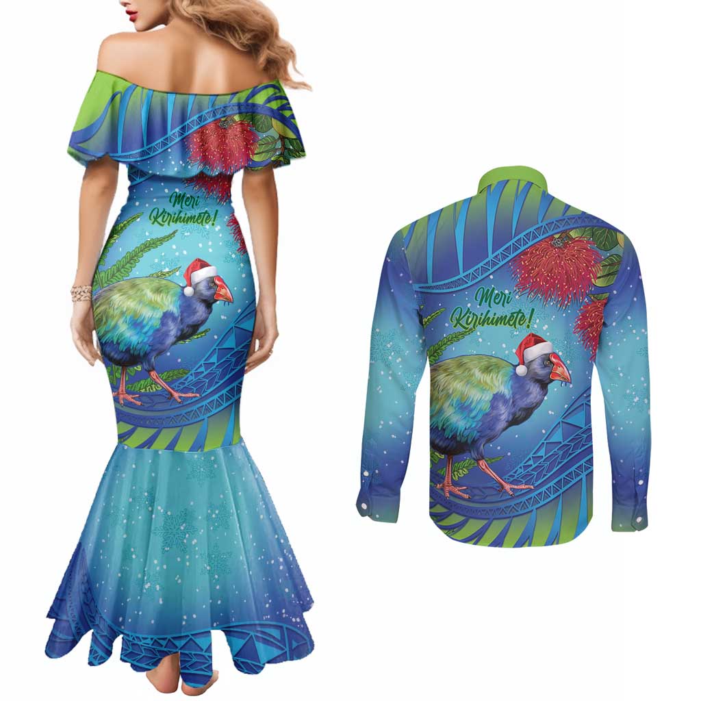 New Zealand Takahe Christmas Couples Matching Mermaid Dress and Long Sleeve Button Shirt Maori Fern Mix Pohotukawa