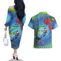 New Zealand Takahe Christmas Couples Matching Off The Shoulder Long Sleeve Dress and Hawaiian Shirt Maori Fern Mix Pohotukawa