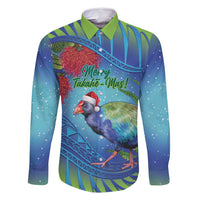 New Zealand Takahe Christmas Family Matching Mermaid Dress and Hawaiian Shirt Maori Fern Mix Pohotukawa LT14 Dad's Shirt - Long Sleeve Blue - Polynesian Pride