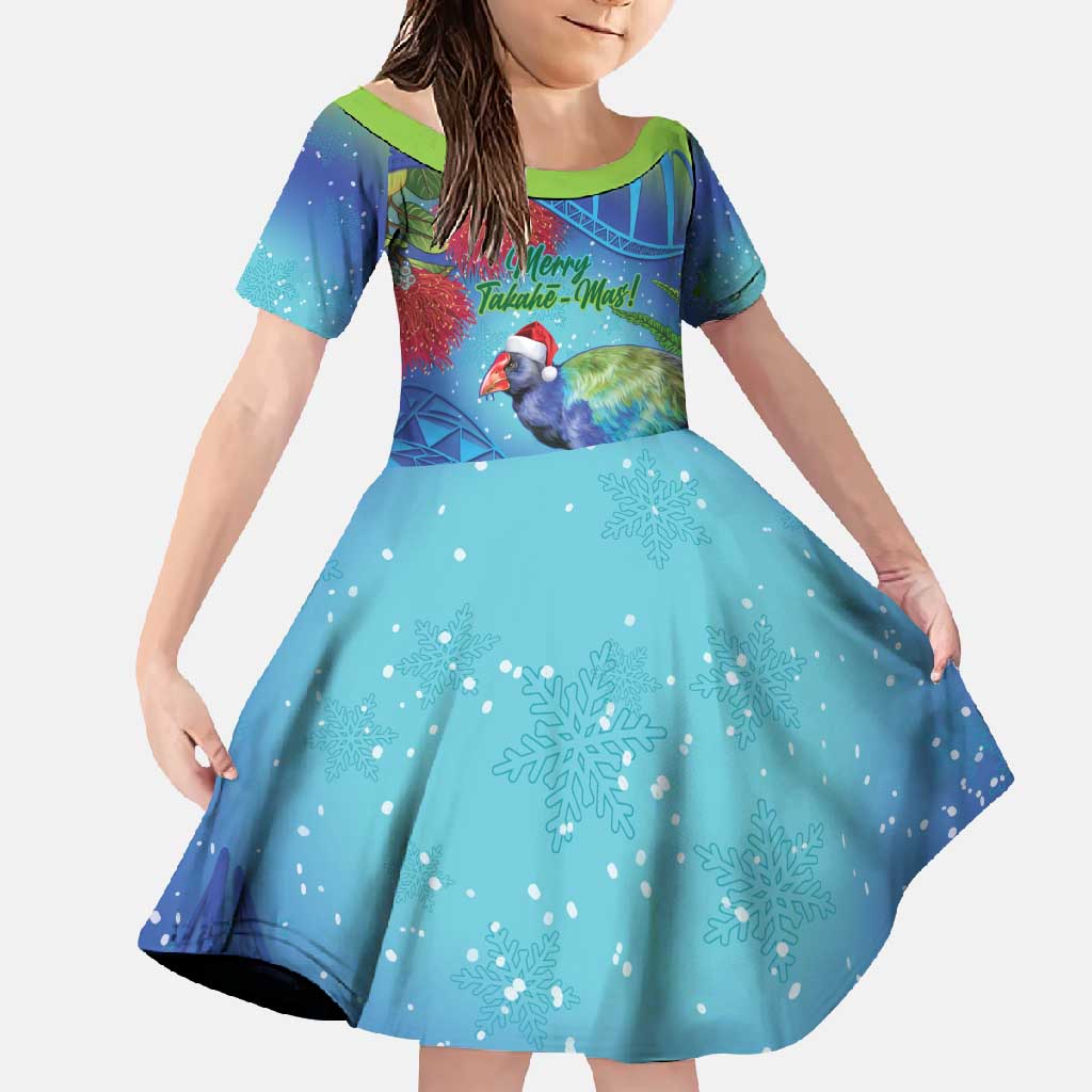 New Zealand Takahe Christmas Family Matching Off Shoulder Maxi Dress and Hawaiian Shirt Maori Fern Mix Pohotukawa LT14 Daughter's Dress Blue - Polynesian Pride