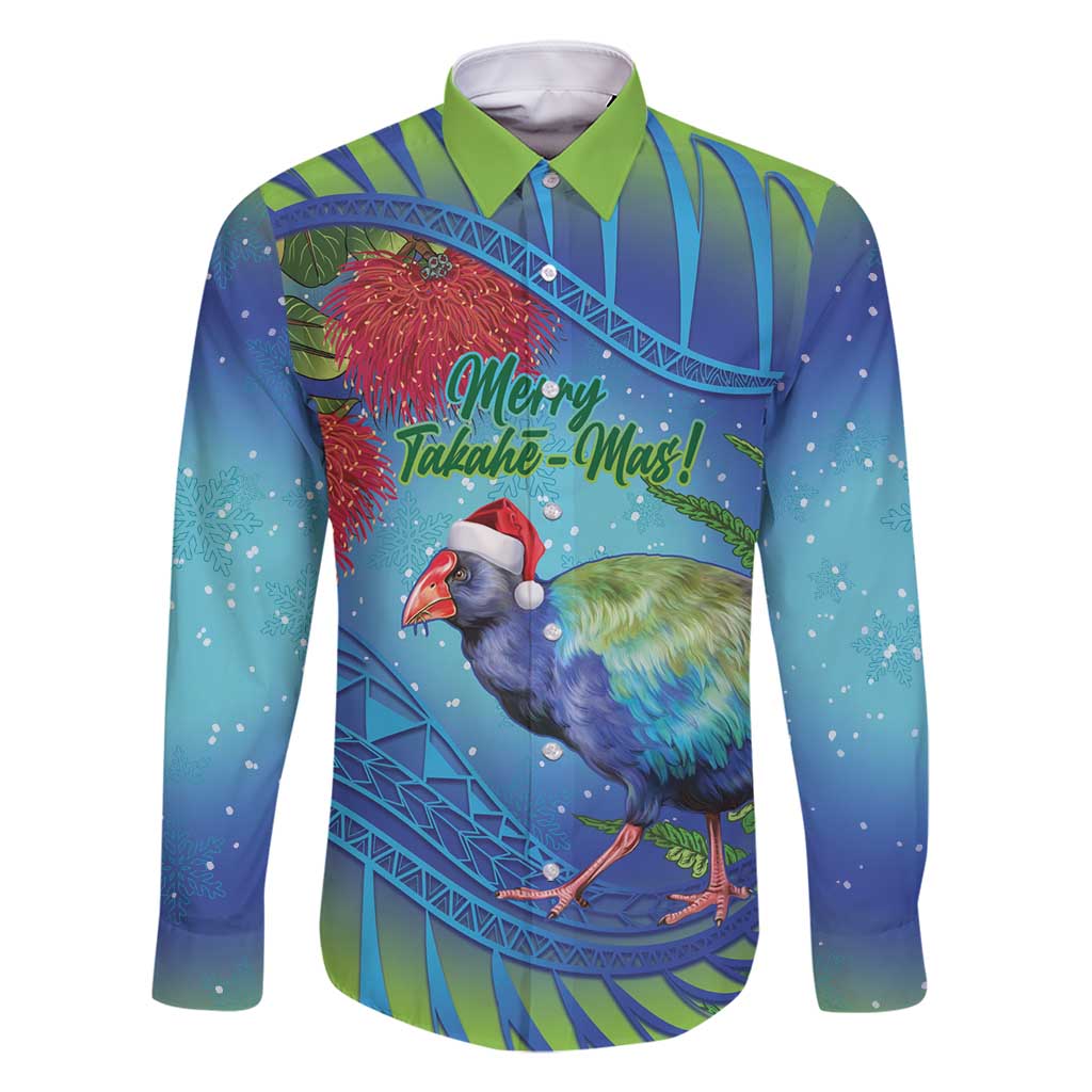 New Zealand Takahe Christmas Family Matching Off Shoulder Short Dress and Hawaiian Shirt Maori Fern Mix Pohotukawa LT14 Dad's Shirt - Long Sleeve Blue - Polynesian Pride