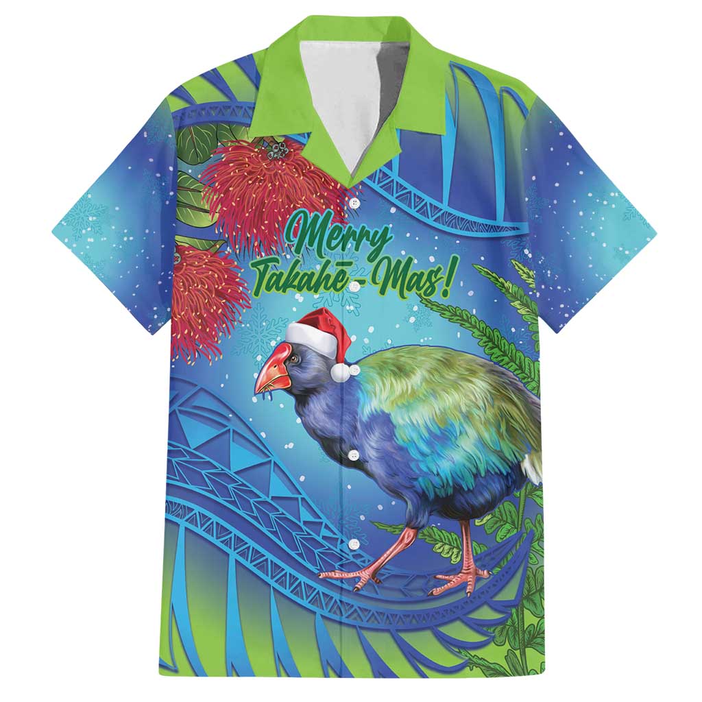 New Zealand Takahe Christmas Family Matching Summer Maxi Dress and Hawaiian Shirt Maori Fern Mix Pohotukawa LT14 Dad's Shirt - Short Sleeve Blue - Polynesian Pride