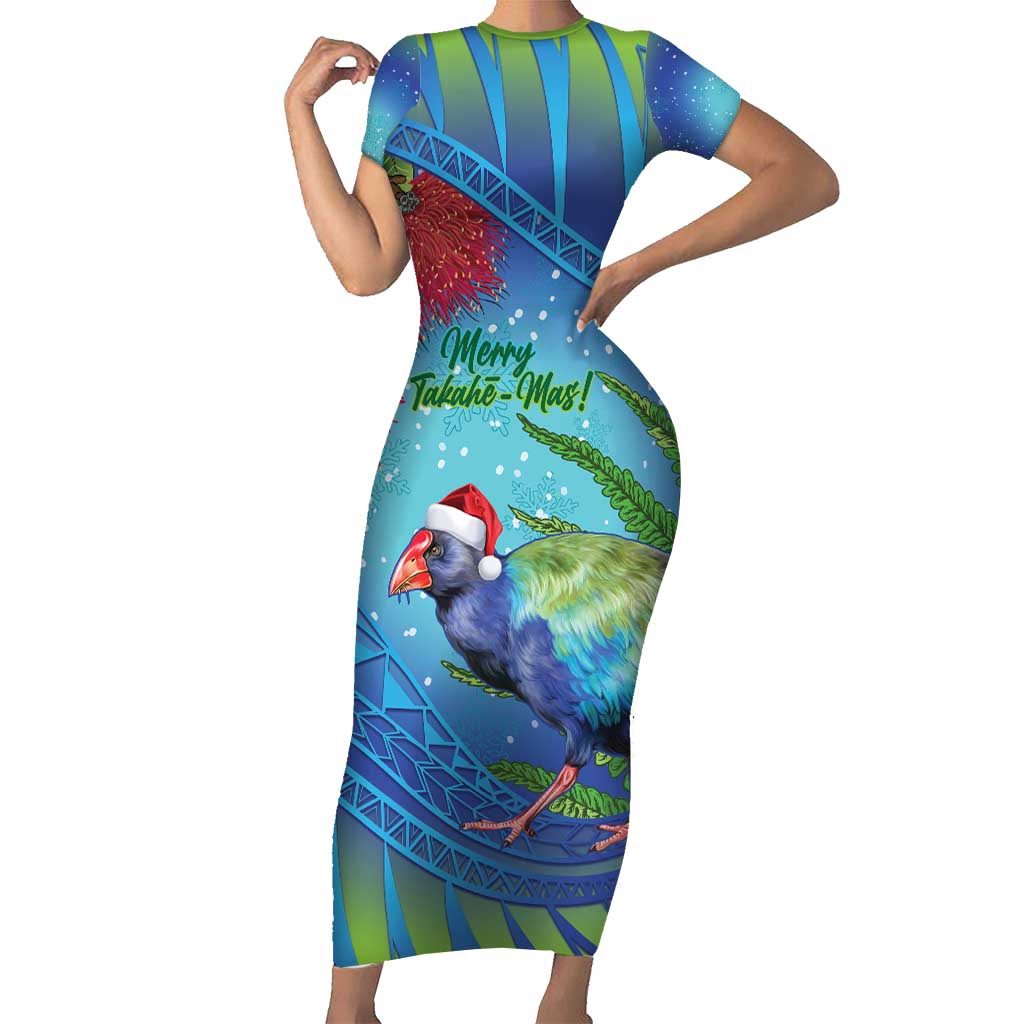 New Zealand Takahe Christmas Short Sleeve Bodycon Dress Maori Fern Mix Pohotukawa