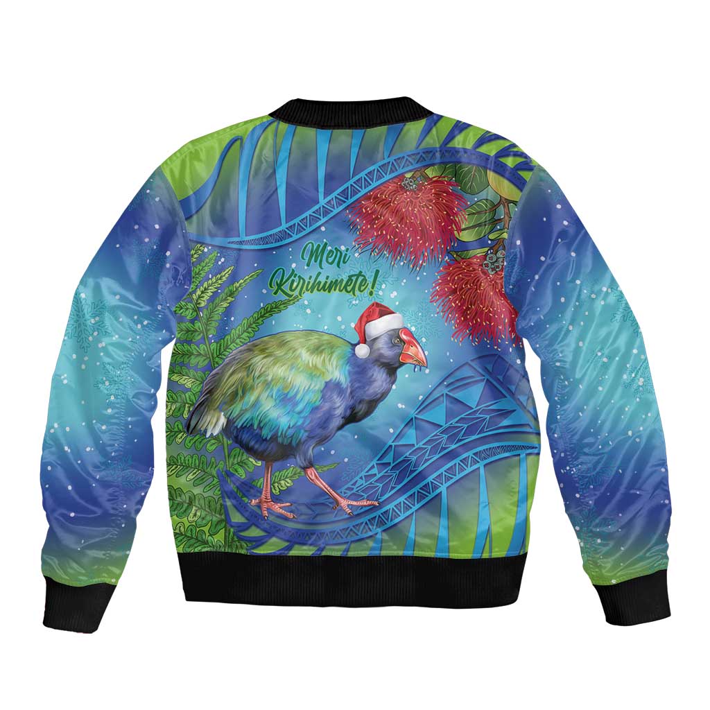 New Zealand Takahe Christmas Sleeve Zip Bomber Jacket Maori Fern Mix Pohotukawa LT14 - Polynesian Pride
