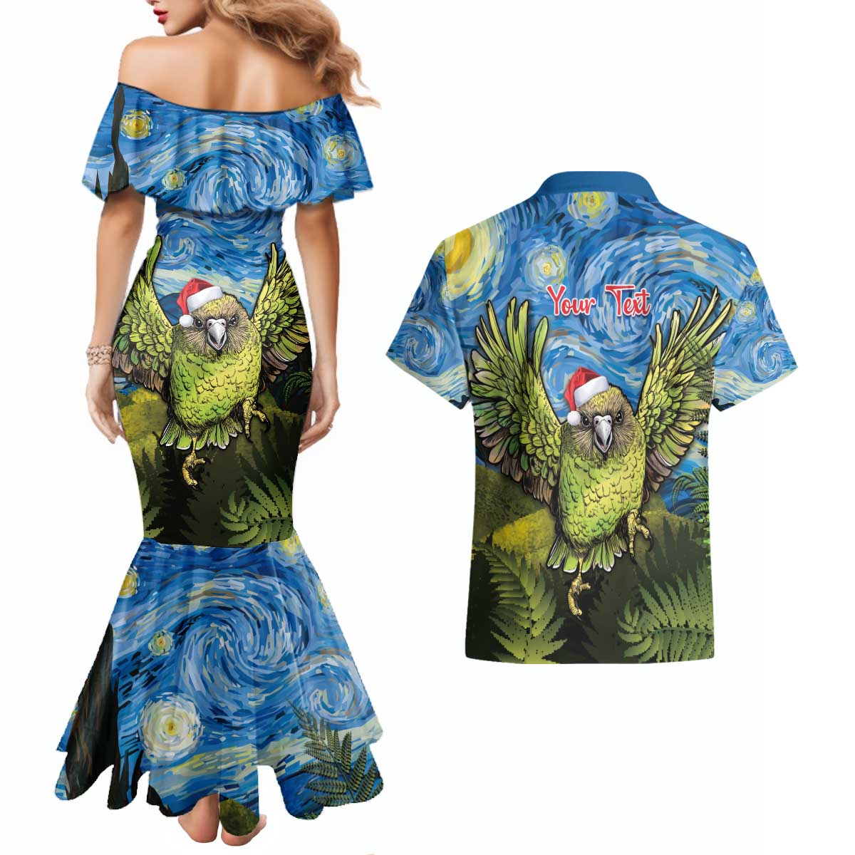 Personalised Jumping Kakapo Christmas Couples Matching Mermaid Dress and Hawaiian Shirt New Zealand Fern - Starry Night Style