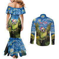 Personalised Jumping Kakapo Christmas Couples Matching Mermaid Dress and Long Sleeve Button Shirt New Zealand Fern - Starry Night Style