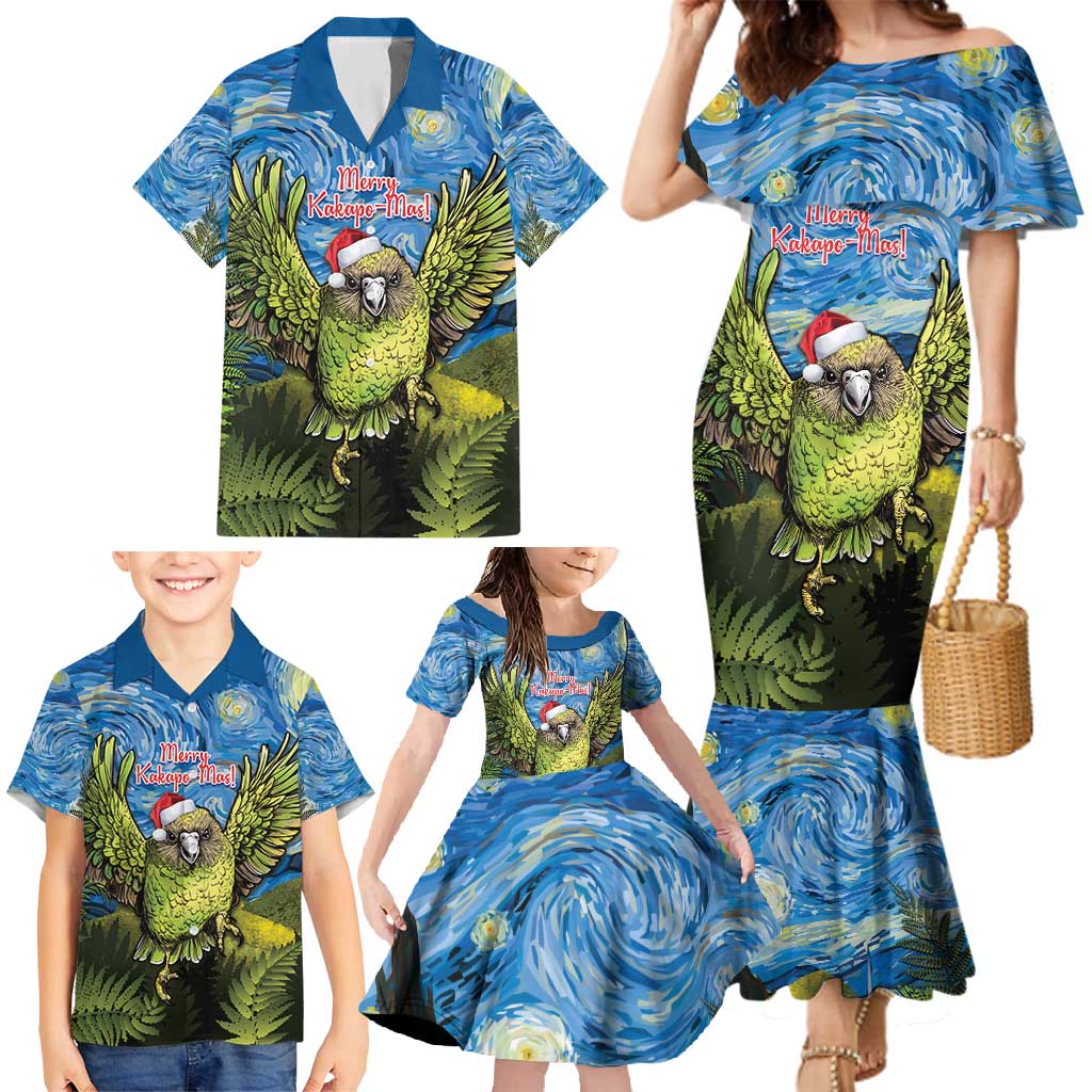 Personalised Jumping Kakapo Christmas Family Matching Mermaid Dress and Hawaiian Shirt New Zealand Fern - Starry Night Style LT14 - Polynesian Pride