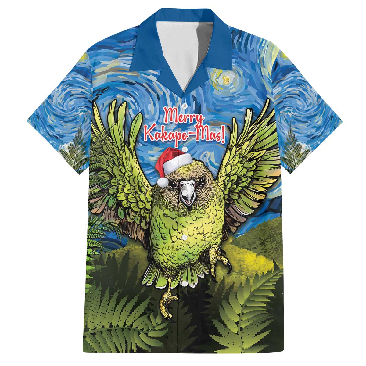 Personalised Jumping Kakapo Christmas Family Matching Off The Shoulder Long Sleeve Dress and Hawaiian Shirt New Zealand Fern - Starry Night Style