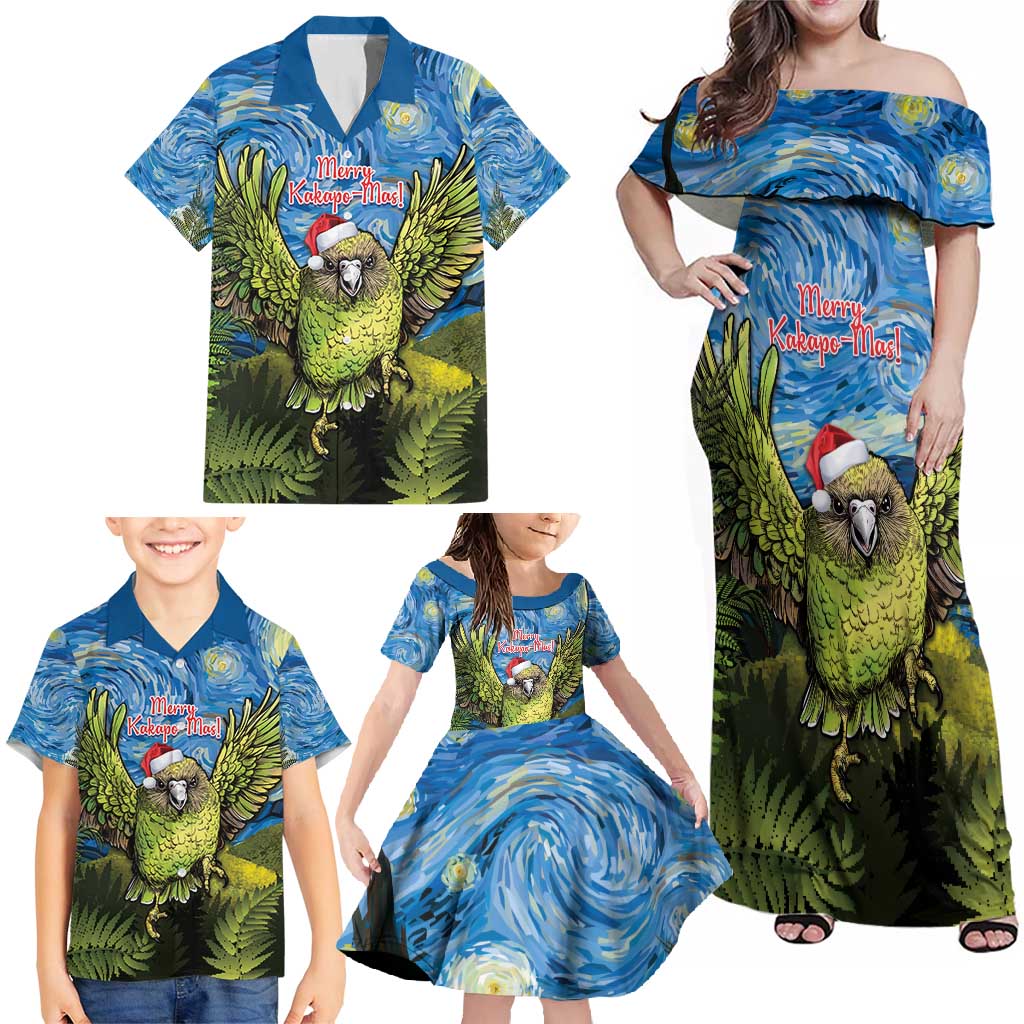 Personalised Jumping Kakapo Christmas Family Matching Off Shoulder Maxi Dress and Hawaiian Shirt New Zealand Fern - Starry Night Style LT14 - Polynesian Pride