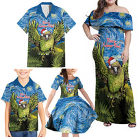 Personalised Jumping Kakapo Christmas Family Matching Off Shoulder Maxi Dress and Hawaiian Shirt New Zealand Fern - Starry Night Style LT14 - Polynesian Pride