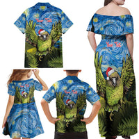 Personalised Jumping Kakapo Christmas Family Matching Off Shoulder Maxi Dress and Hawaiian Shirt New Zealand Fern - Starry Night Style LT14 - Polynesian Pride