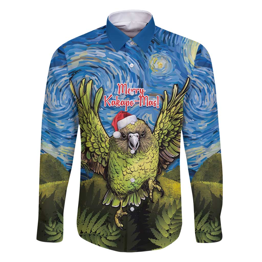 Personalised Jumping Kakapo Christmas Family Matching Off Shoulder Short Dress and Hawaiian Shirt New Zealand Fern - Starry Night Style LT14 Dad's Shirt - Long Sleeve Green - Polynesian Pride