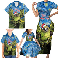 Personalised Jumping Kakapo Christmas Family Matching Short Sleeve Bodycon Dress and Hawaiian Shirt New Zealand Fern - Starry Night Style LT14 - Polynesian Pride